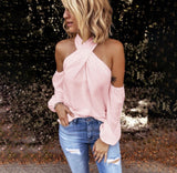 Back zipper halter solid color stitching top Pink long sleeve 0 - Tophatter Daily Deals