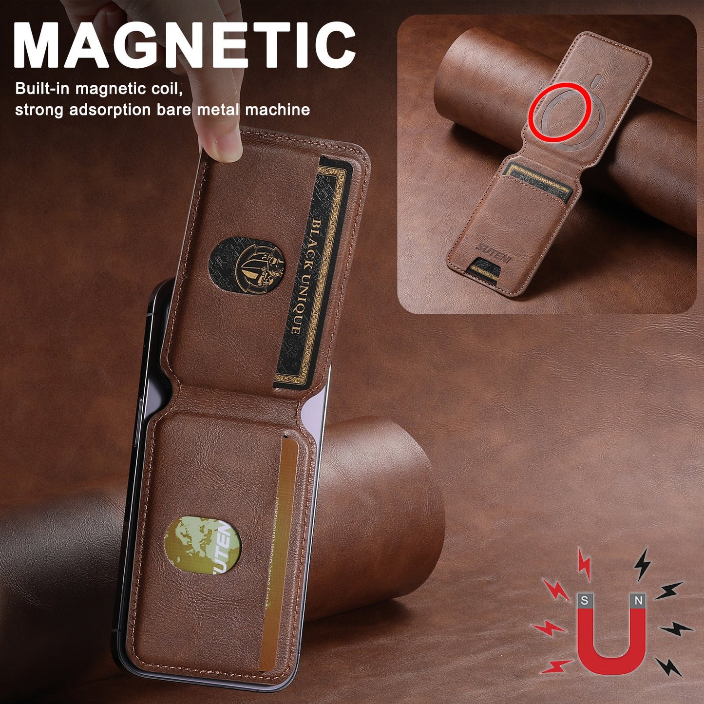 Android Universal Phone Magnetic Card Holder MagSafe Magnetic Ring PU Leather 0 - Tophatter Daily Deals