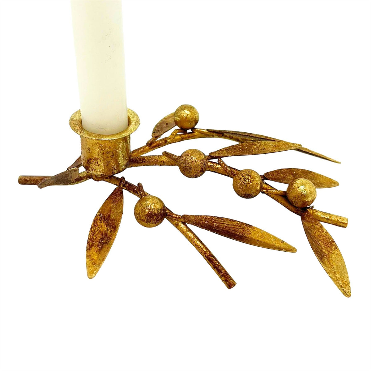 Antique Gold Sprig & Berry Candle Holder, Gisela Graham Christmas 17cm Candlestick - Tophatter Daily Deals