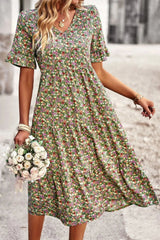Floral V-Neck Flounce Sleeve Midi Dress Casual Dresses - Tophatter Daily Deals