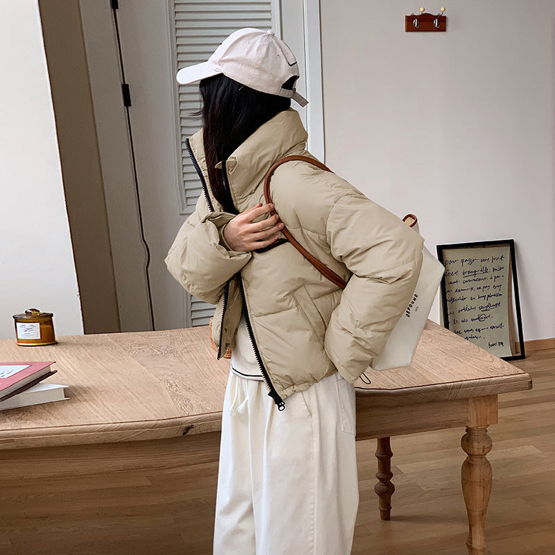 Insulating Women’s Cropped Puffer Coat - Boxy Polyester Beige 3D Changing Face Moving Picture Frame - Tophatter Daily Deals