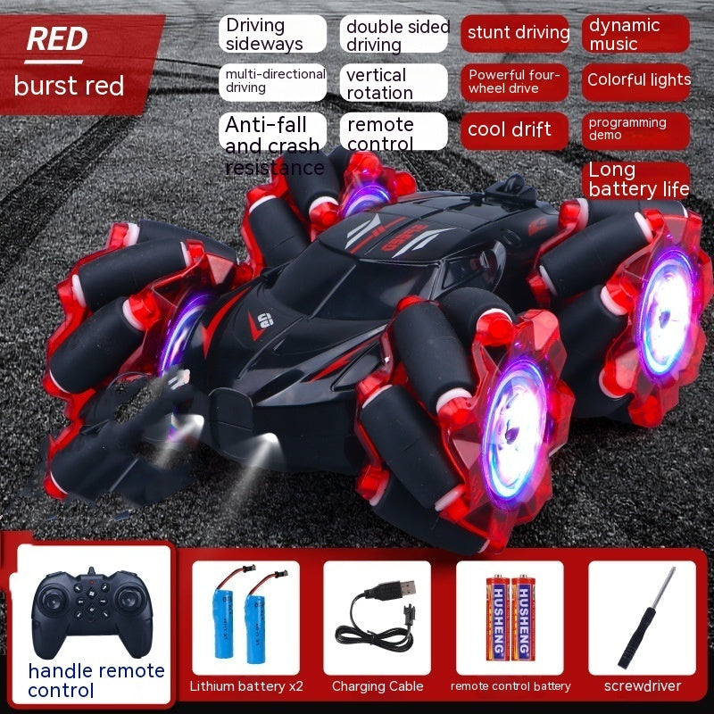 24G High-speed Wireless Remote Control Car Light Music Four-wheel Drive Double-sided Driving Flip Rotating Drift Car Stunt Car Red Single remote control 2PC Battery 0 - Tophatter Daily Deals