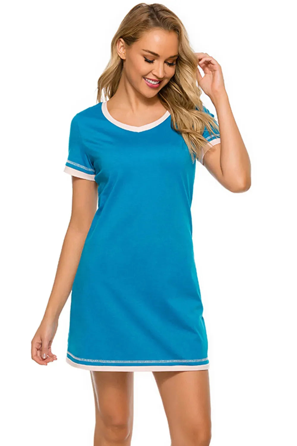 Contrast Trim Short Sleeve Lounge Dress Sleep Dresses - Tophatter Daily Deals