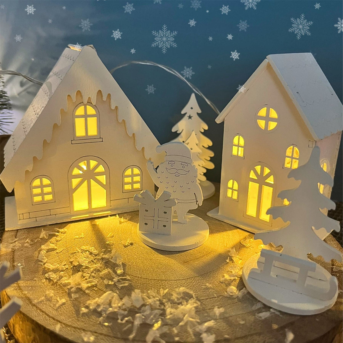 LED Christmas Village | 10-Piece Wooden Christmas Scene with 4 Light-Up Houses LED Fireplace - Tophatter Daily Deals