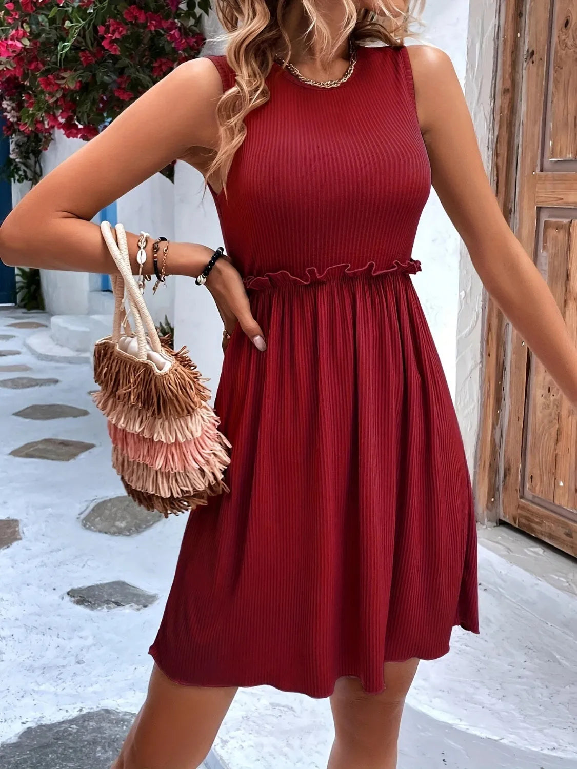 Frill Round Neck Sleeveless Mini Dress Burgundy Casual Dresses - Tophatter Daily Deals