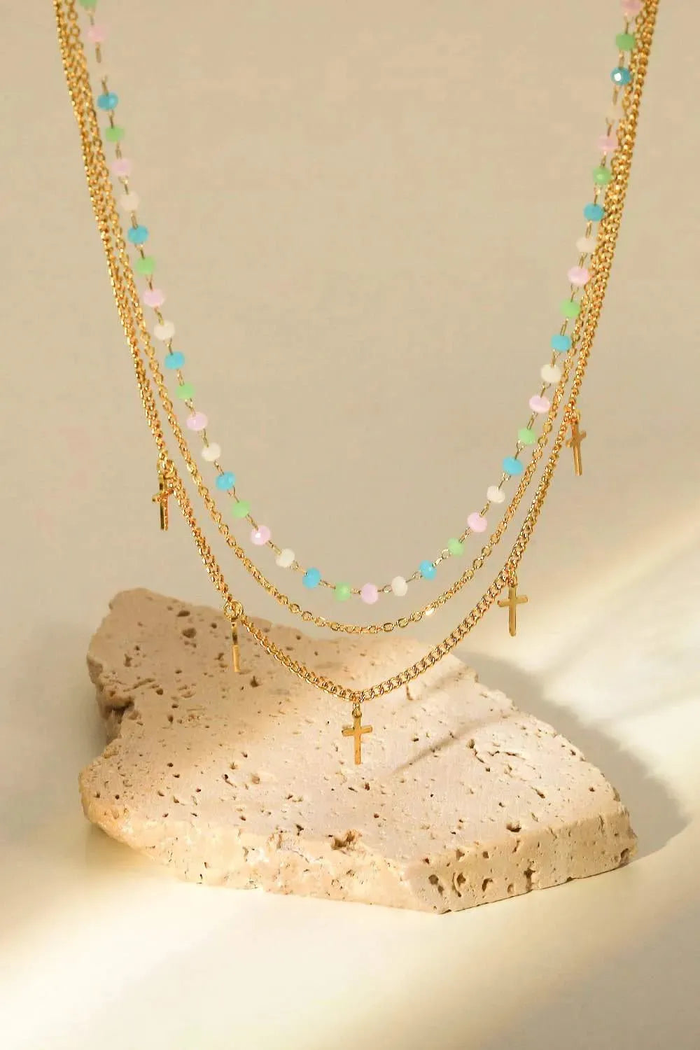 18K Gold Plated Cross Pendant Triple-Layered Necklace Gold One Size Necklaces - Tophatter Daily Deals