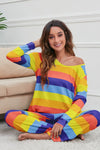 Striped Round Neck Long Sleeve Top and Drawstring Pants Lounge Set Loungewear Sets - Tophatter Daily Deals