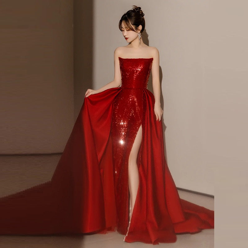 Banquet Light Luxury Annual Meeting Host Red Dress Bride Wedding Engagement Bra Toast Dress Wine Red 0 - Tophatter Daily Deals