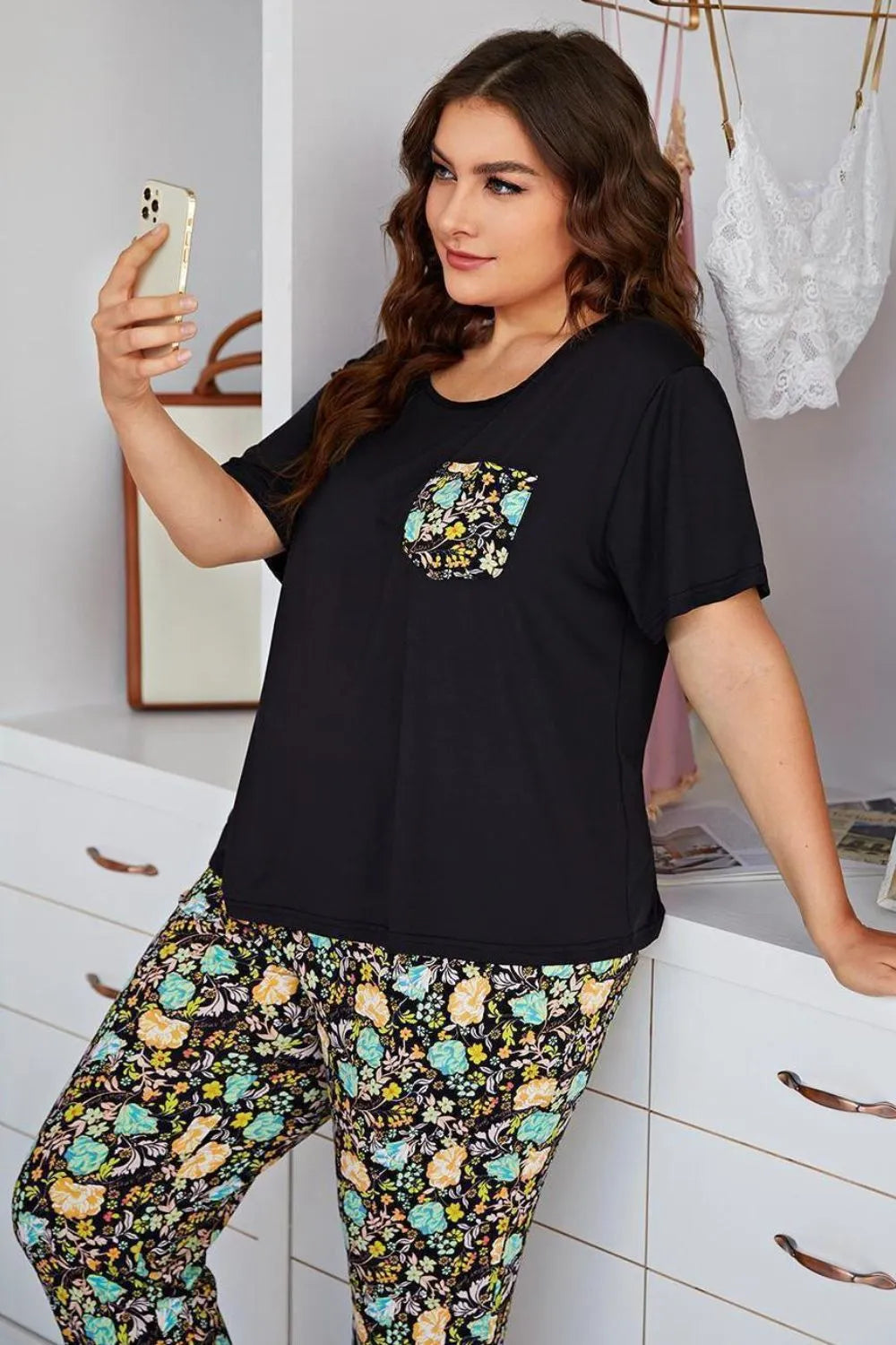 Plus Size Contrast Round Neck Tee and Floral Pants Lounge Set Loungewear Sets - Tophatter Daily Deals