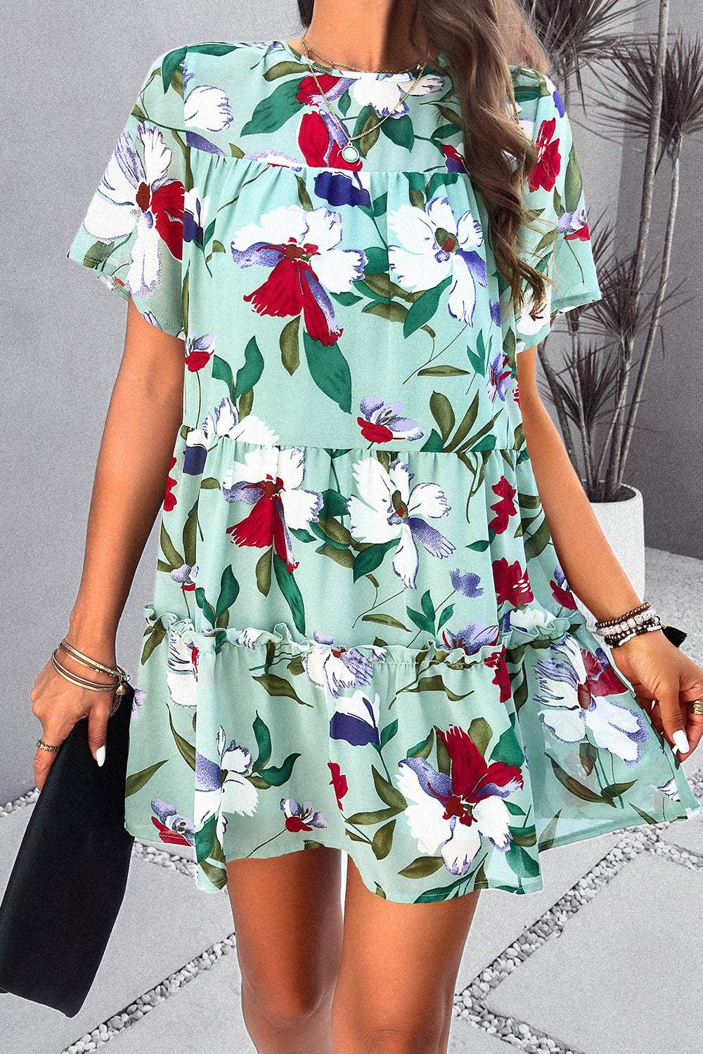 Printed Tiered Round Neck Mini Dress Casual Dresses - Tophatter Daily Deals