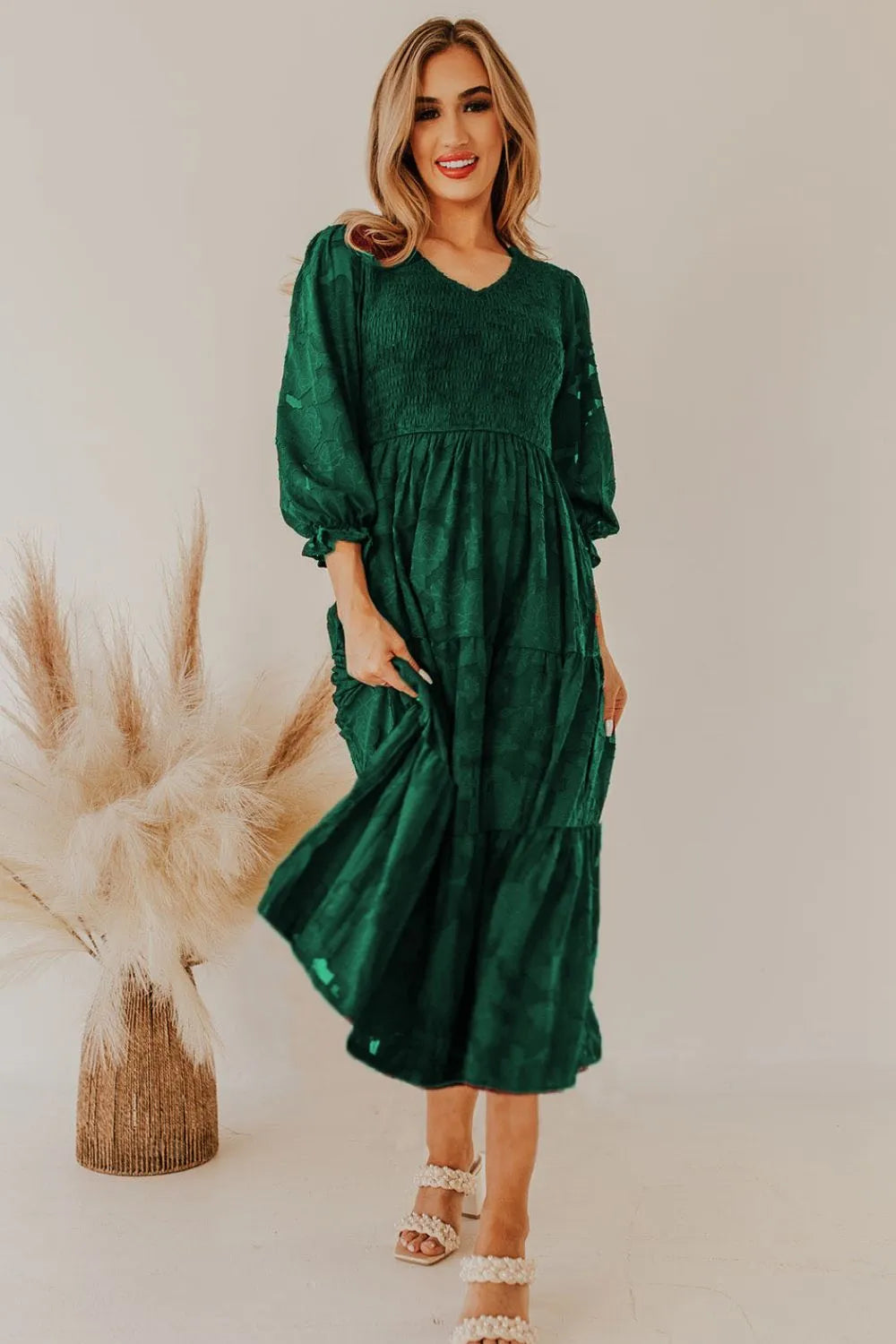 Smocked V-Neck Flounce Sleeve Dress Green Casual Dresses - Tophatter Daily Deals