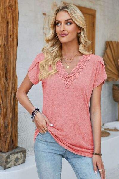 V-Neck Petal Sleeve T-Shirt Coral Women's T-Shirts - Tophatter Daily Deals