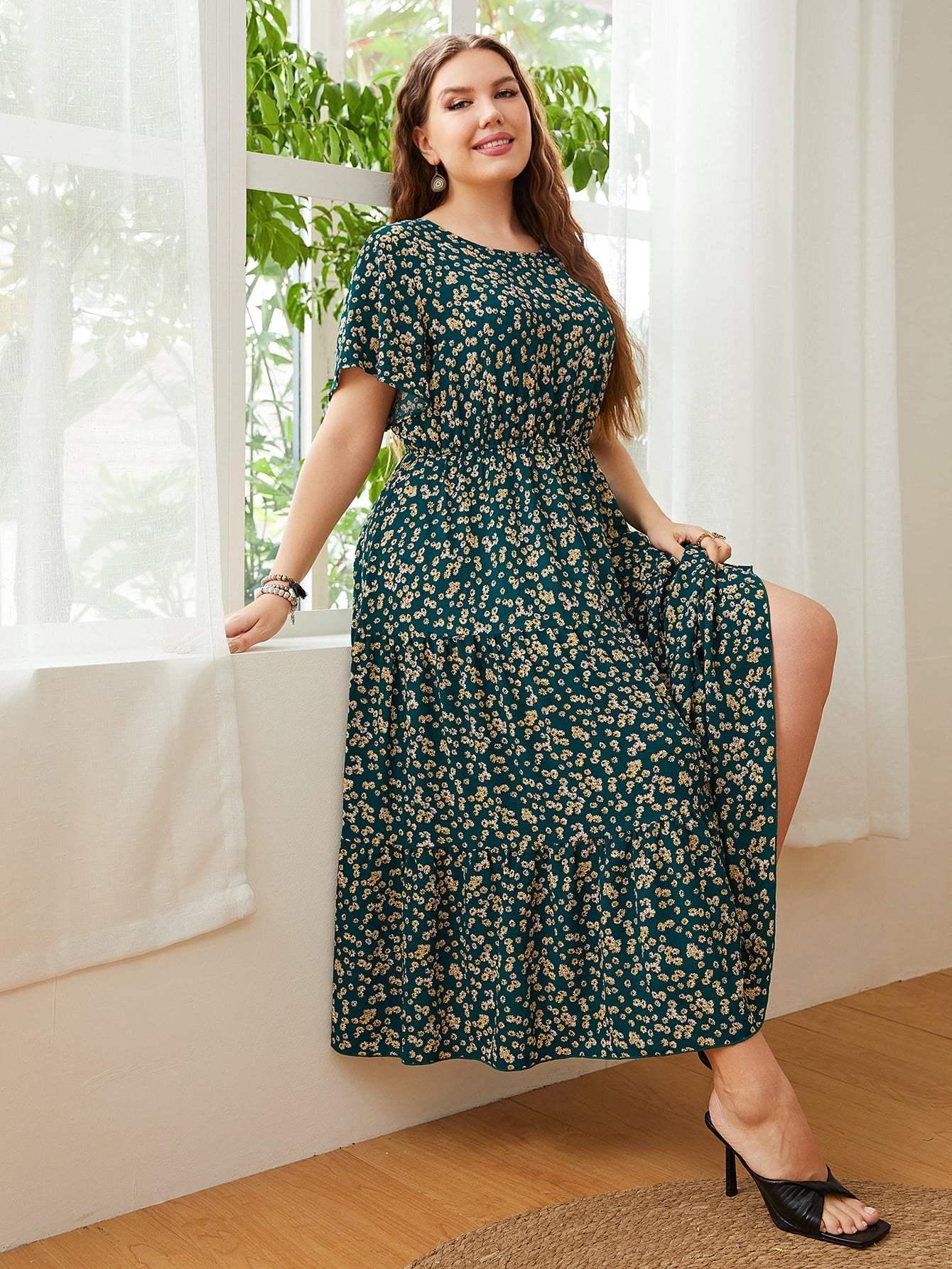 Plus Size Floral Round Neck Short Sleeve Midi Dress Casual Dresses - Tophatter Daily Deals