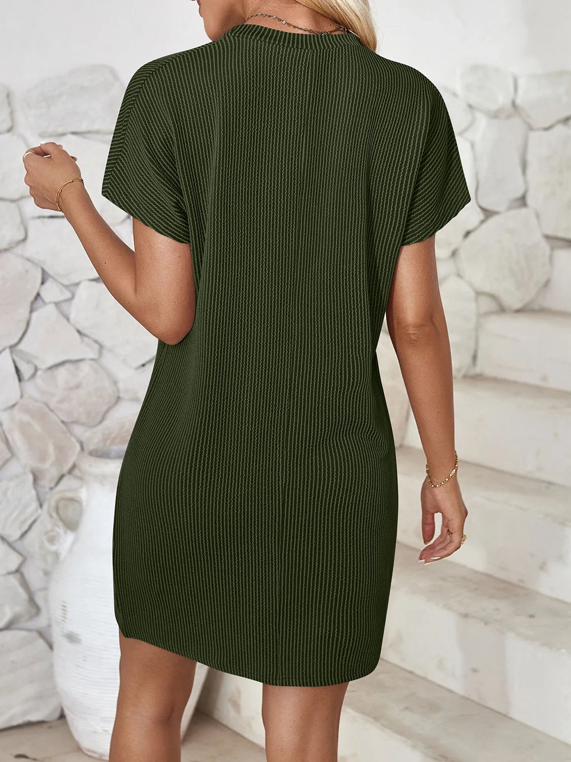 Round Neck Short Sleeve Mini Dress Army Green Casual Dresses - Tophatter Daily Deals