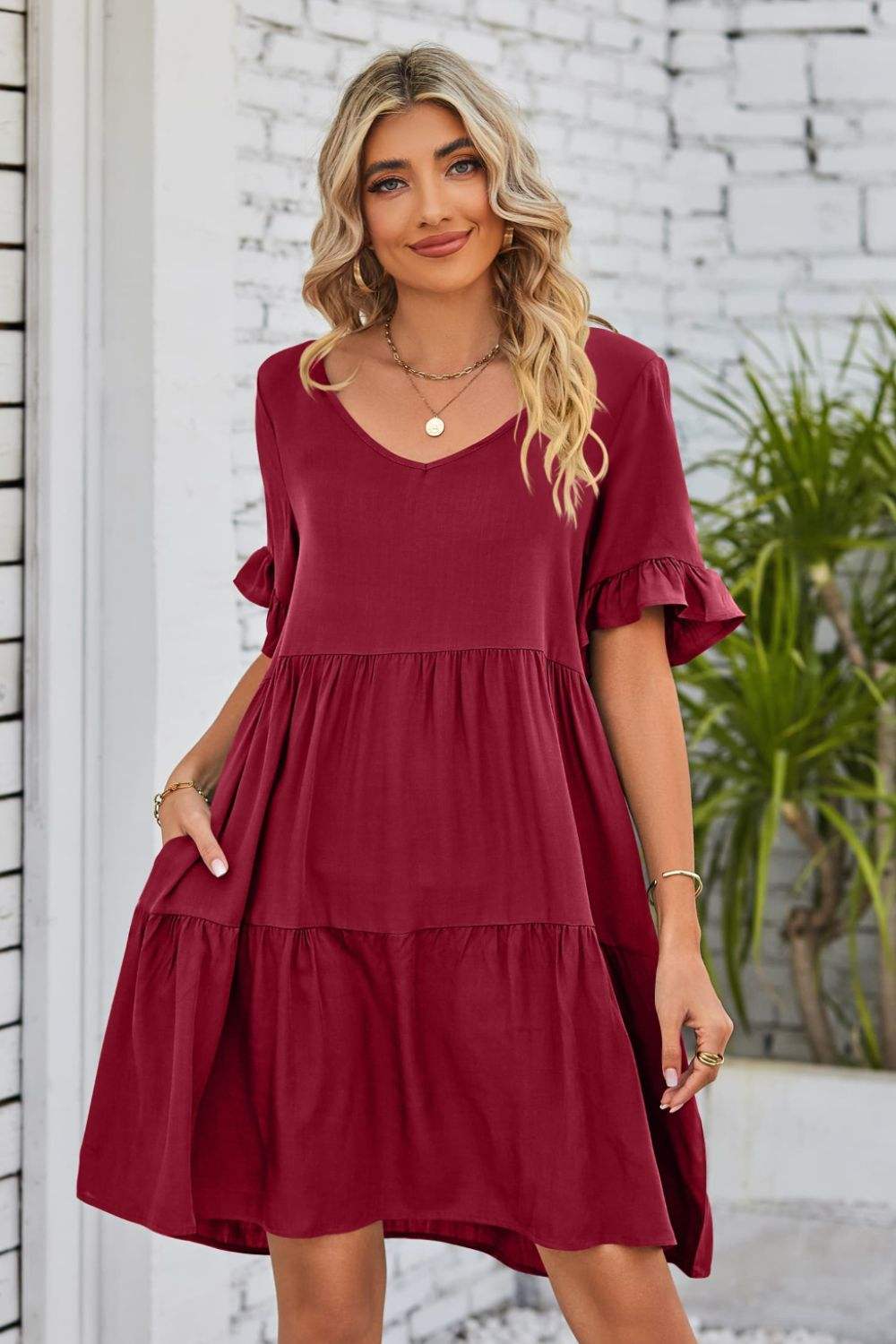 V-Neck Flounce Sleeve Tiered Dress Wine Casual Dresses - Tophatter Daily Deals