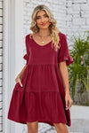 V-Neck Flounce Sleeve Tiered Dress Wine Casual Dresses - Tophatter Daily Deals