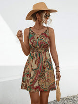 Smocked Printed V-Neck Mini Dress Teal Casual Dresses - Tophatter Daily Deals
