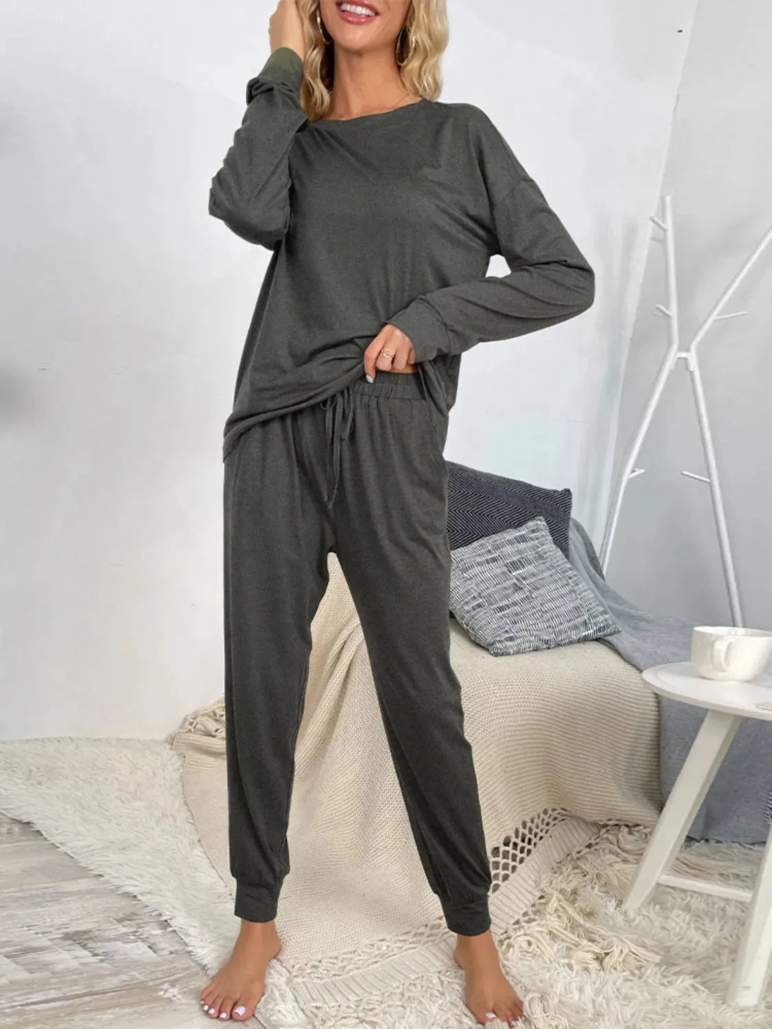 Round Neck Top and Drawstring Pants Lounge Set Loungewear Sets - Tophatter Daily Deals