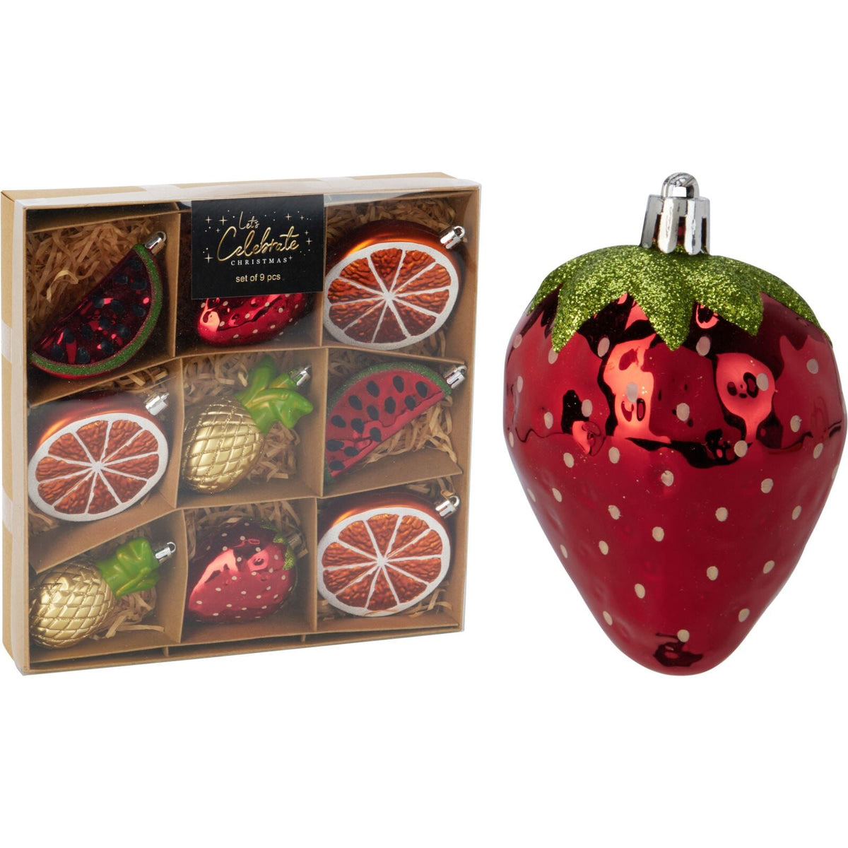 Set of 9 Fruit-Themed Christmas Tree Ornaments | Fruit Hanging Decorations Baubles - Tophatter Daily Deals