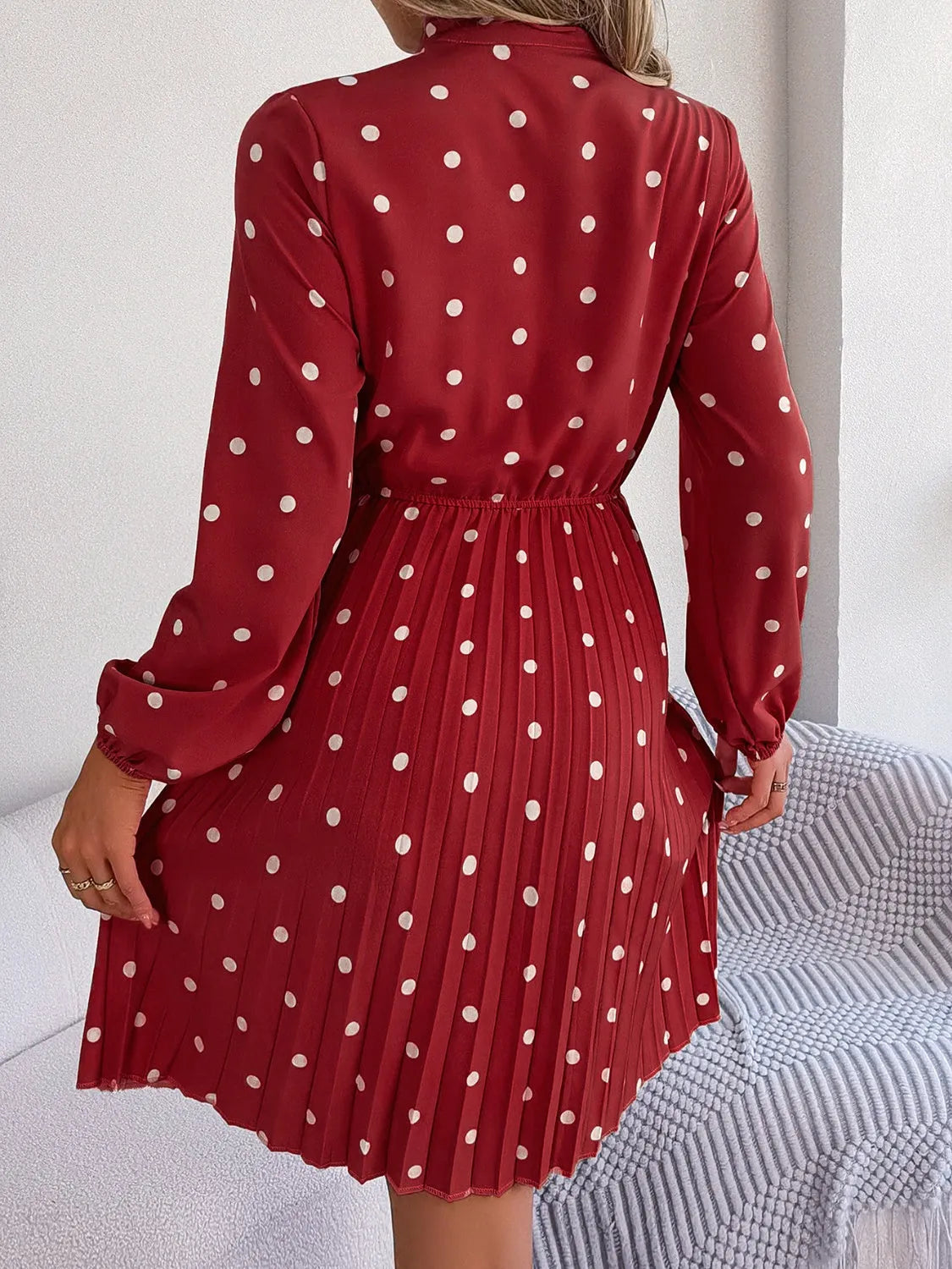 Polka Dot Tie Neck Pleated Dress Casual Dresses - Tophatter Daily Deals