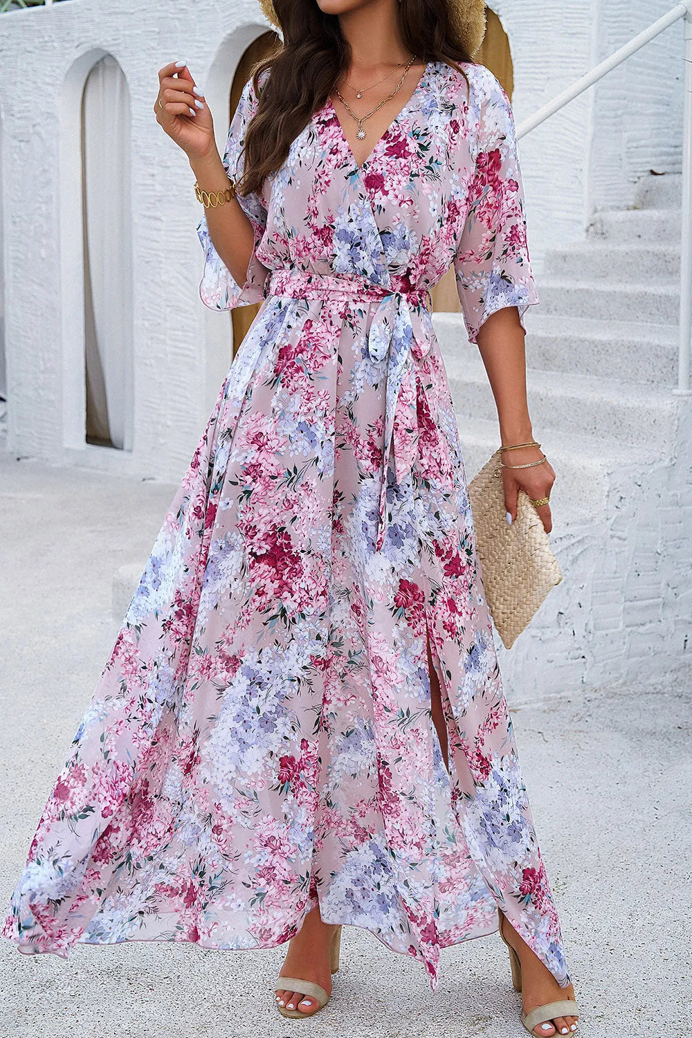 Printed Tied Half Sleeve Slit Dress Blush Pink Casual Dresses - Tophatter Daily Deals