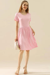 Ninexis Full Size Round Neck Ruched Dress with Pockets Cocktail Dresses - Tophatter Daily Deals