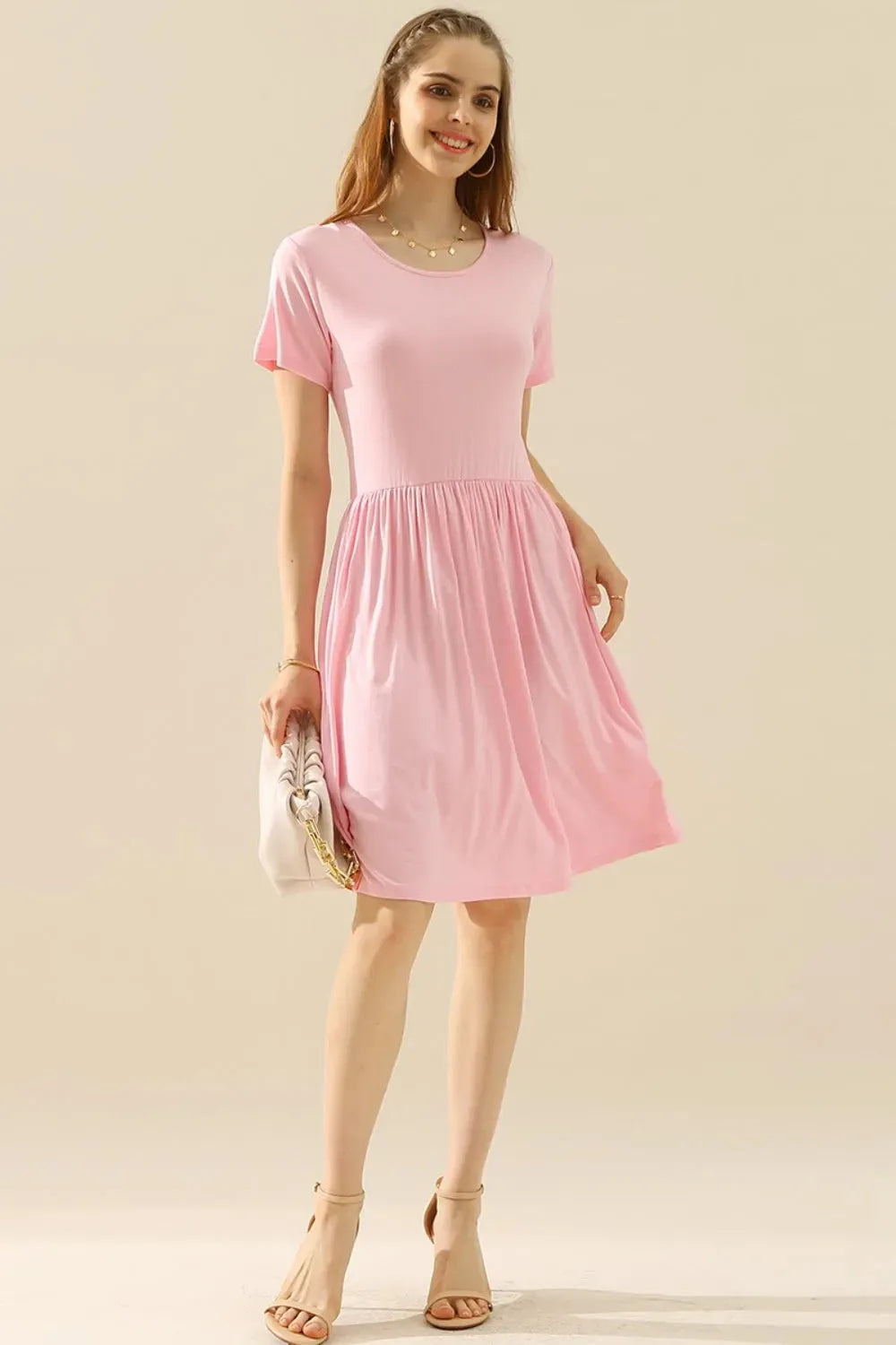 Ninexis Full Size Round Neck Ruched Dress with Pockets Cocktail Dresses - Tophatter Daily Deals