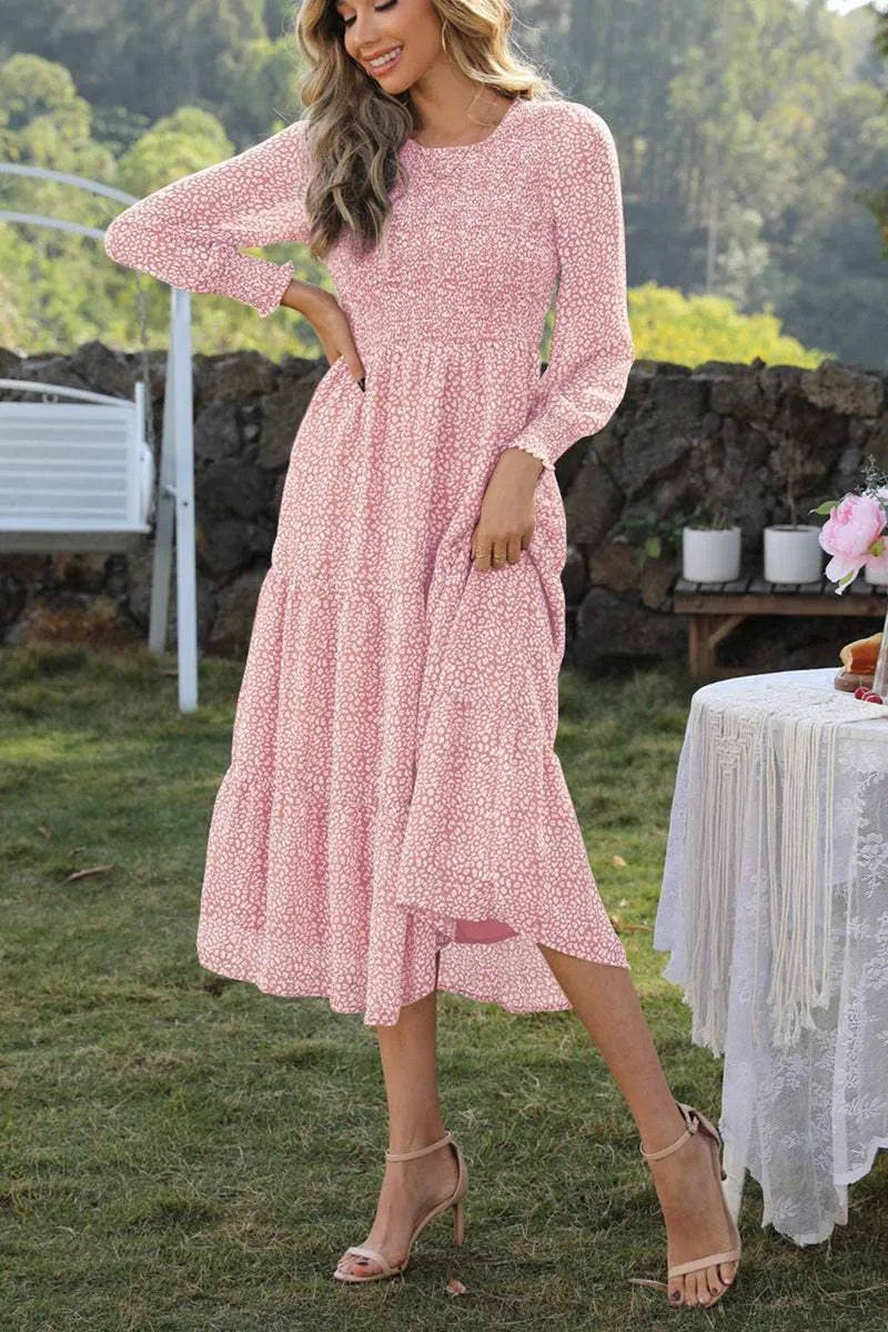 Round Neck Lantern Sleeve Midi Dress Casual Dresses - Tophatter Daily Deals