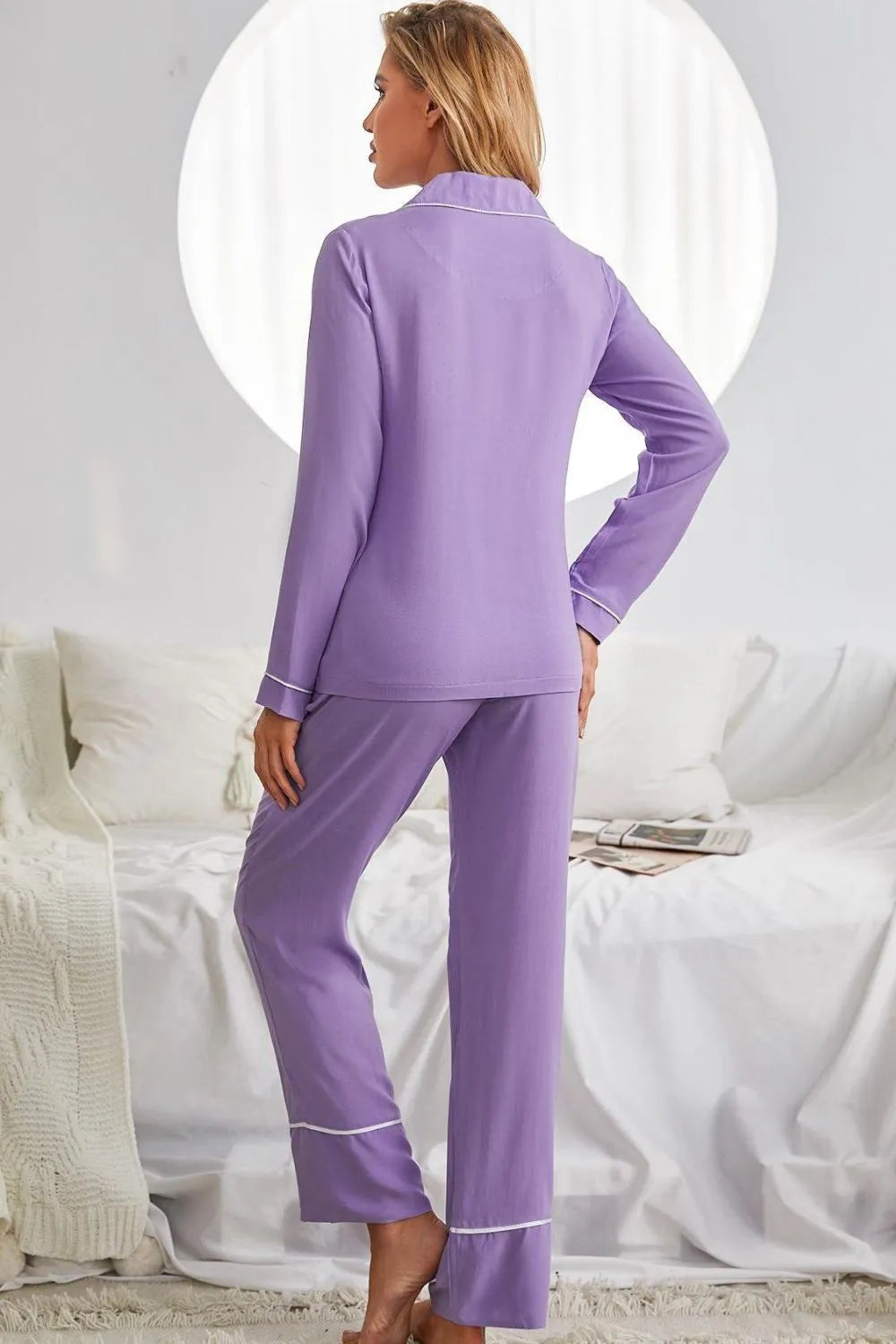 Contrast Lapel Collar Shirt and Pants Pajama Set with Pockets Loungewear Sets - Tophatter Daily Deals