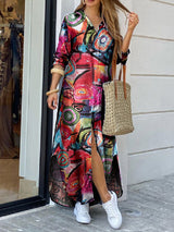 Vintage Geometry Print Lapel Long Sleeve Double Pocket Maxi Shirt Women Maxi Dress Geometry Red Maxi Dresses - Tophatter Daily Deals