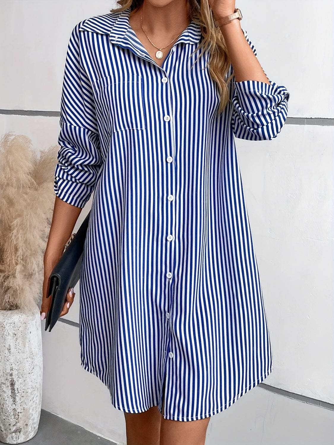 Striped Button Up Long Sleeve Mini Shirt Dress Casual Dresses - Tophatter Daily Deals