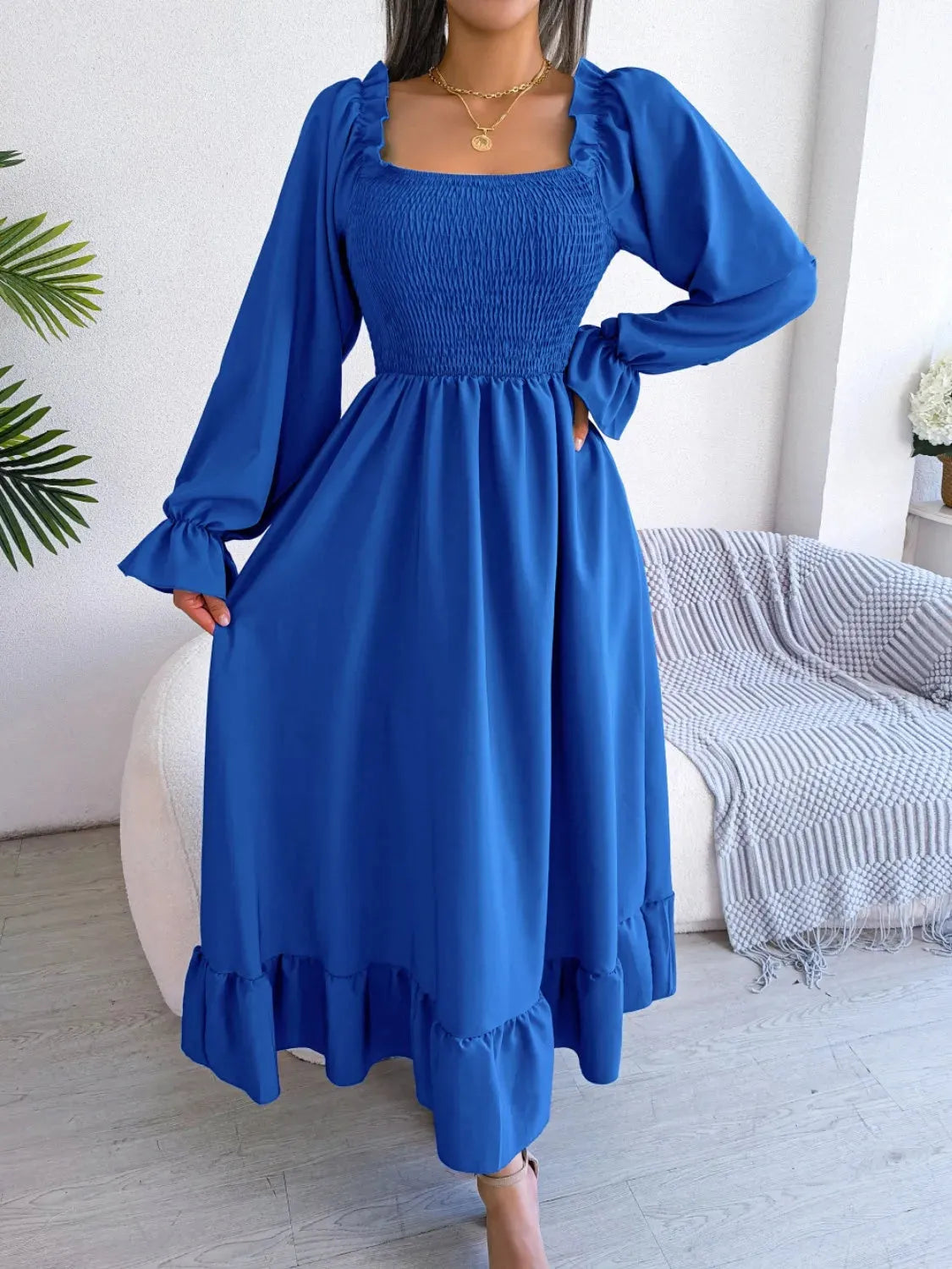 Smocked Square Neck Flounce Sleeve Dress Royal Blue Casual Dresses - Tophatter Daily Deals