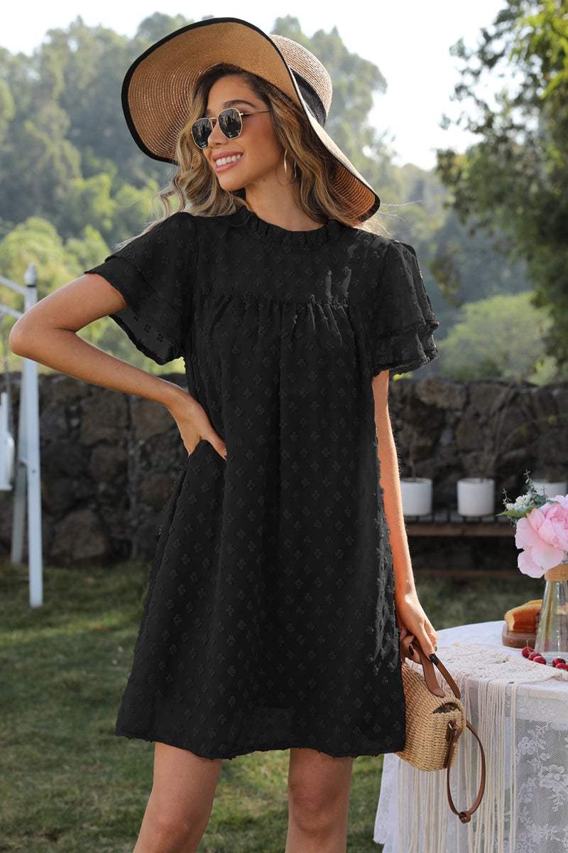 Swiss Dot Round Neck Flutter Sleeve Dress Casual Dresses - Tophatter Daily Deals