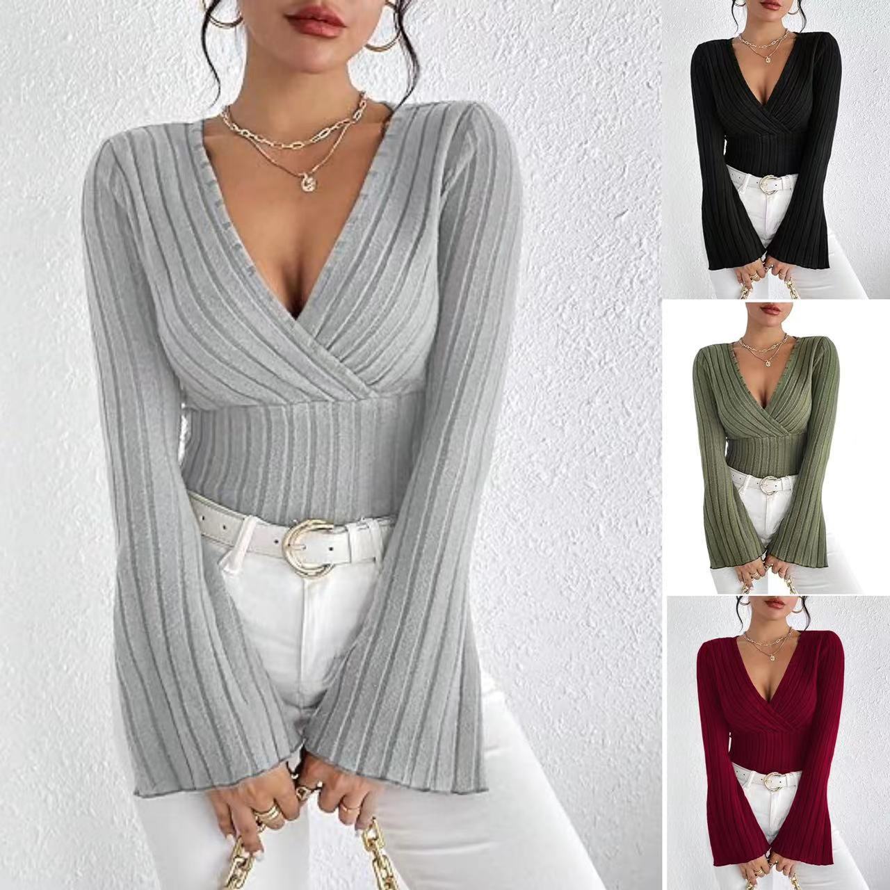 Stretchy Women’s Long Sleeve Top - V Neck, Ribbed Knit 3D Changing Face Moving Picture Frame - Tophatter Daily Deals