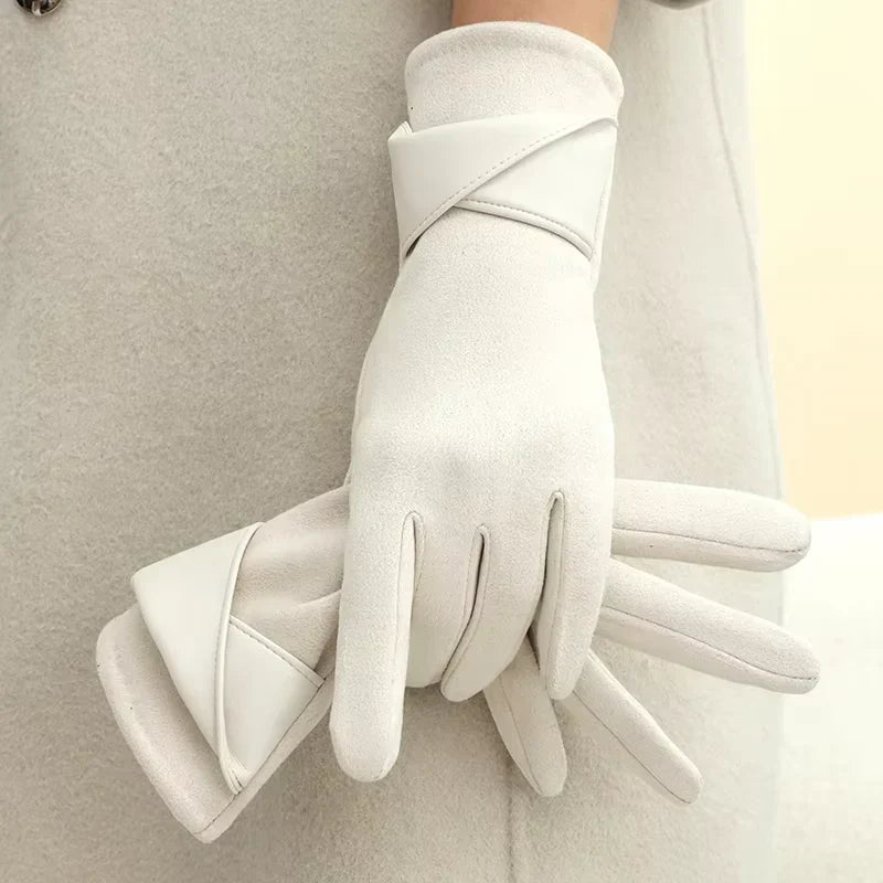 Warm Women's Winter Gloves - Faux Leather Cuff, Fleece Beige One Size - Tophatter Daily Deals