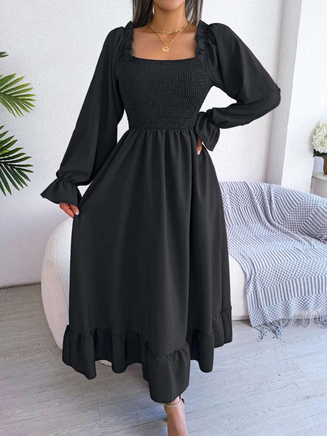 Smocked Square Neck Flounce Sleeve Dress Black Casual Dresses - Tophatter Daily Deals