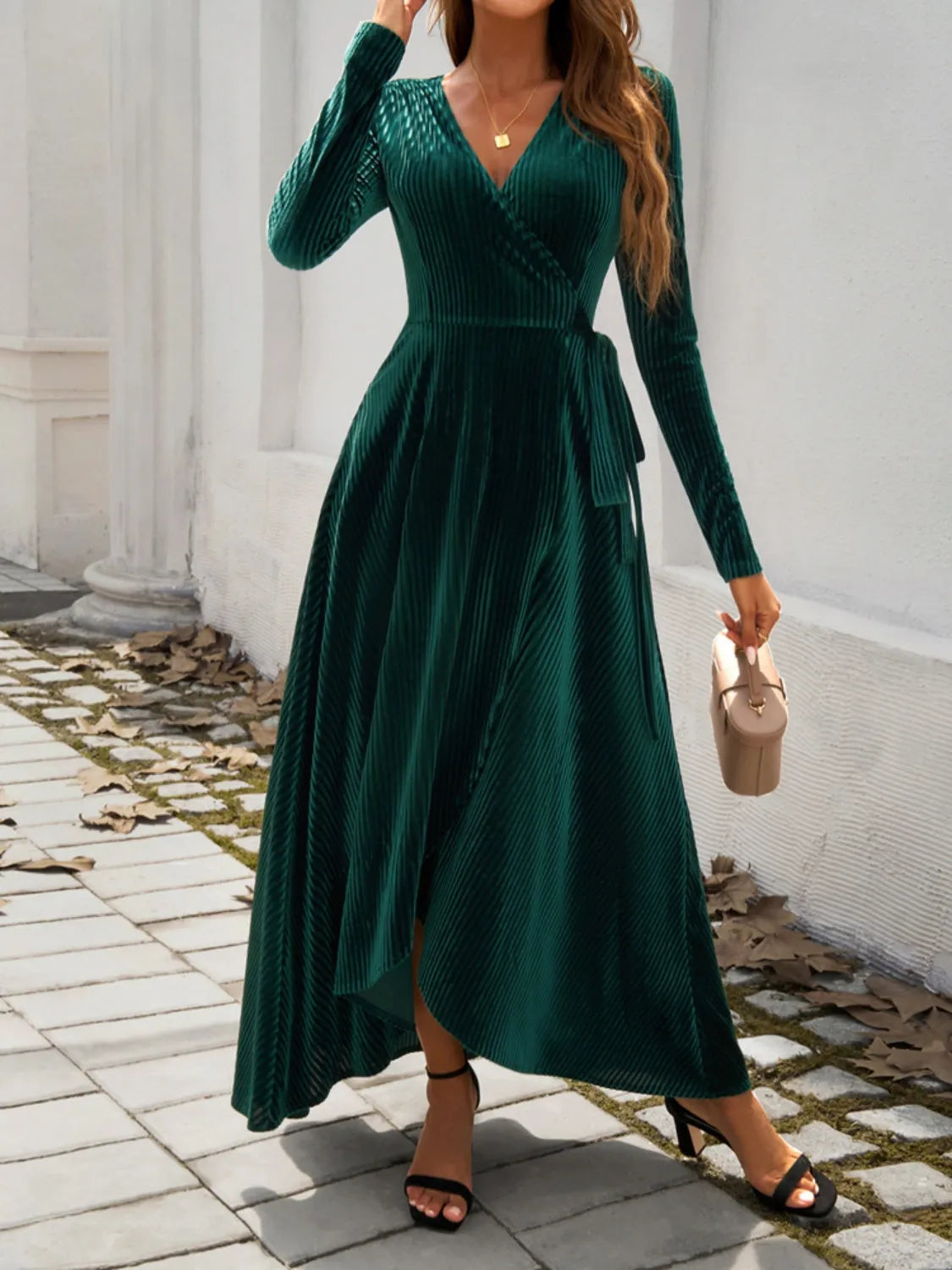 Devine Split Surplice Long Sleeve Midi Dress Black Forest Casual Dresses - Tophatter Daily Deals