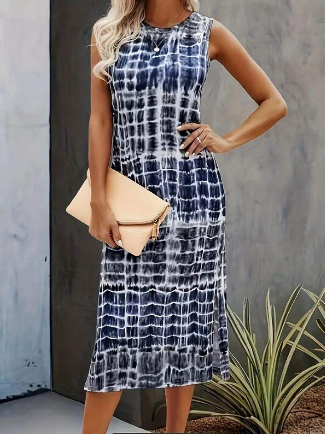 Slit Printed Round Neck Sleeveless Dress Casual Dresses - Tophatter Daily Deals