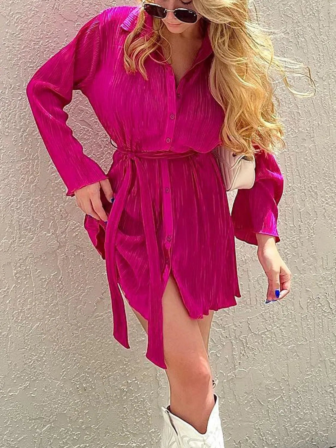 Tied Button Up Long Sleeve Dress Casual Dresses - Tophatter Daily Deals