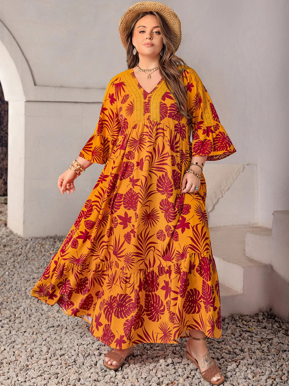 Plus Size Lace Detail Printed V-Neck Maxi Dress Tangerine Casual Dresses - Tophatter Daily Deals