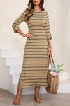 Slit Striped Round Neck Midi Dress Tan Casual Dresses - Tophatter Daily Deals