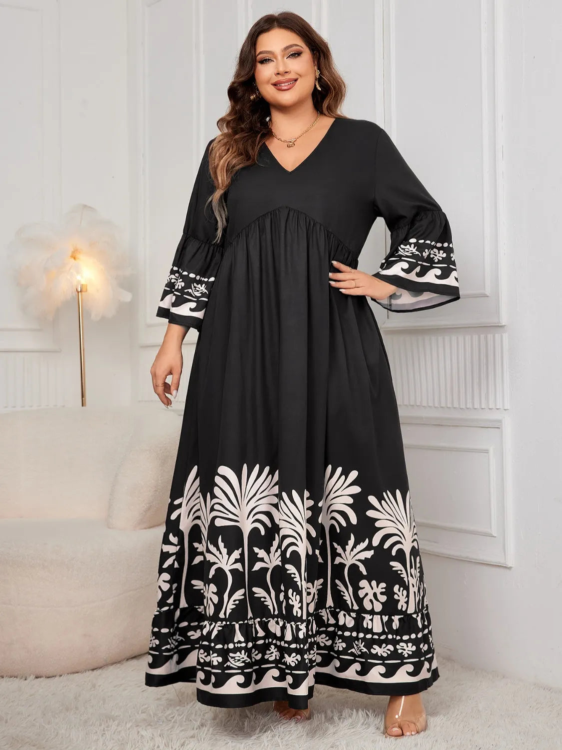 Plus Size Printed V-Neck Long Sleeve Maxi Dress Black Casual Dresses - Tophatter Daily Deals