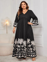 Plus Size Printed V-Neck Long Sleeve Maxi Dress Black Casual Dresses - Tophatter Daily Deals