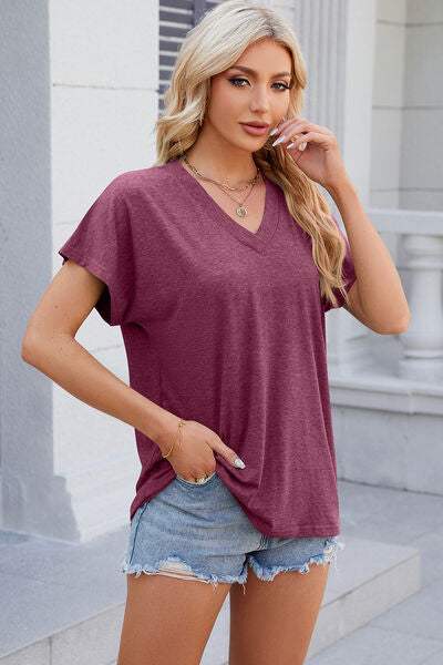 V-Neck Short Sleeve T-Shirt Fuchsia Women's T-Shirts - Tophatter Daily Deals