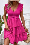 Smocked Frill Trim Deep V Dress Hot Pink Casual Dresses - Tophatter Daily Deals