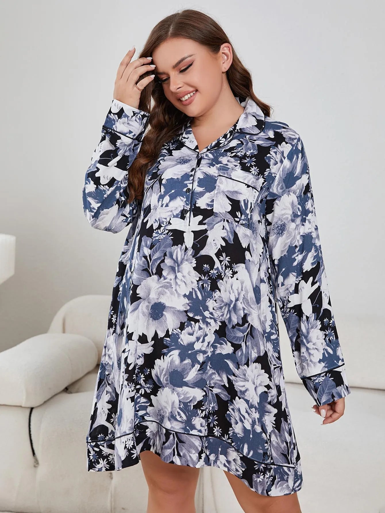 Plus Size Floral Lapel Collar Long Sleeve Night Dress Sleep Dresses - Tophatter Daily Deals