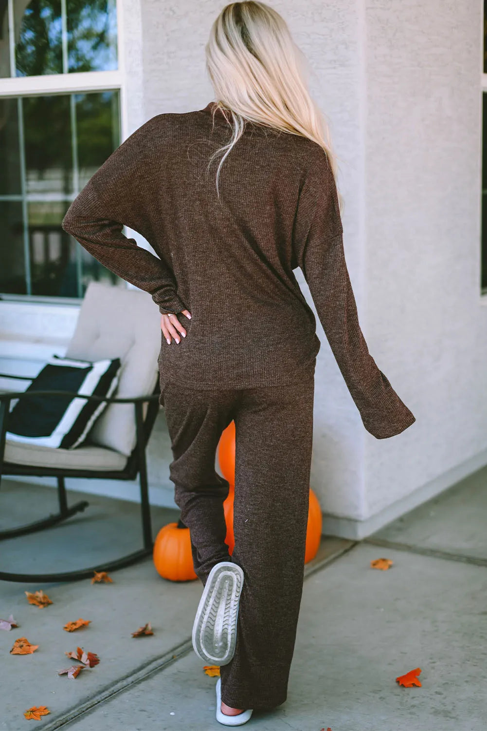 Brown Ribbed Knit Collared Henley Top and Pants Lounge Outfit Loungewear & Sleepwear/Loungewear - Tophatter Daily Deals