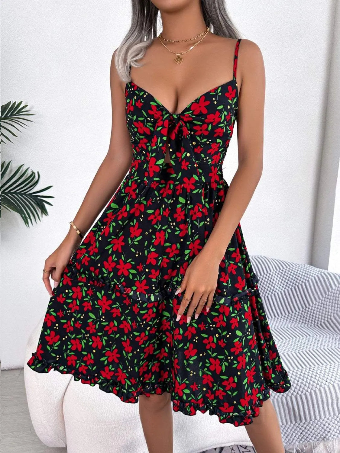Printed Plunge Cap Sleeve Cami Dress Casual Dresses - Tophatter Daily Deals
