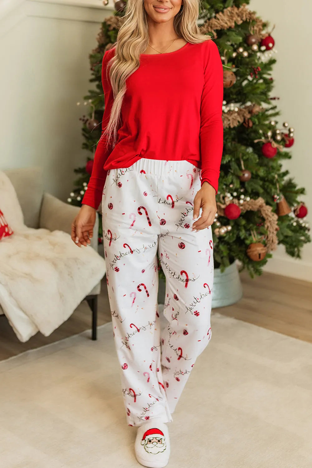 Red Solid Top and Christmas Pants Two Piece Lounge Set Loungewear & Sleepwear/Loungewear - Tophatter Daily Deals
