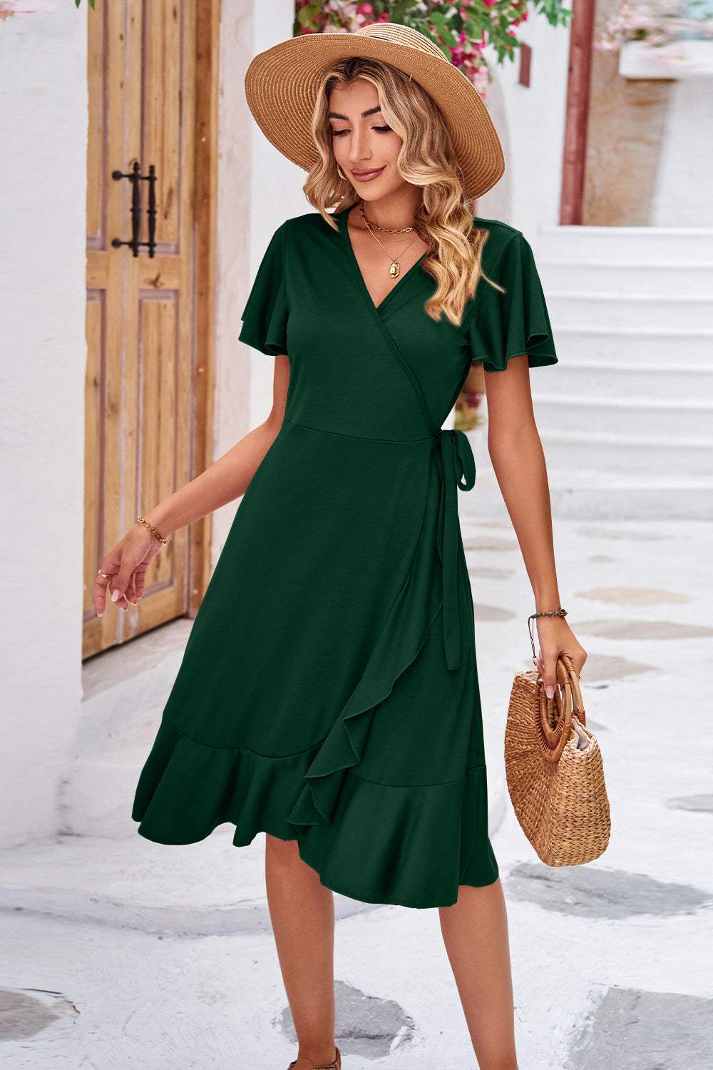 Surplice Neck Flutter Sleeve Dress Casual Dresses - Tophatter Daily Deals